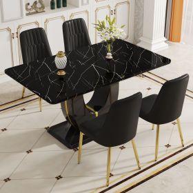 Table and chair set.63"W x 37"D x 30"H Black Marble MDF DiningTable Set with 4 Black PU Chairs with gold metal legs.Bring a comfortable home experienc