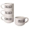 White and Black Speckled Sentiment Espresso Stoneware Mugs with Rack, 4 8 oz